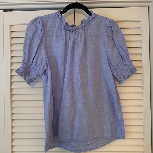 J. Crew Linen Ruffle Collar Blouse (M, French Blue) - Picture 1 of 6